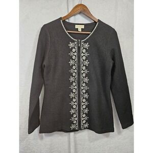 Appleseed's Sweater Womens S 100% Wool Full Zip Black Floral Flowers Cardigan